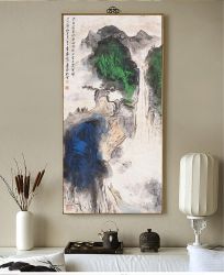 新中式张大千水墨素材图片 山水瀑布玄关